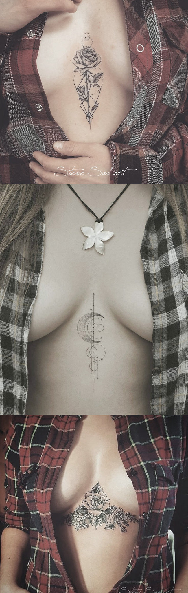 Geometric Moon Vertical Sternum Tattoo Ideas for Women at MyBodiArt.com - Black Henna Floral Rose Flower Boob Tatt