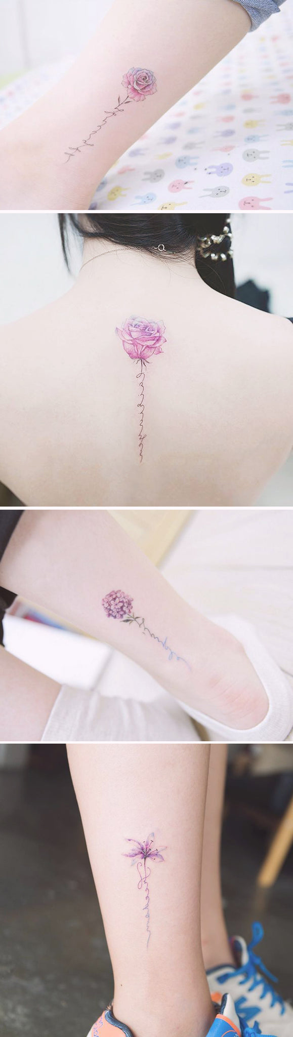 Delicate Watercolor Flower Spine Back Tattoo Ideas - Small Floral Lily Ankle Tatt - Floral Arm Wrist Tat - MyBodiArt.com