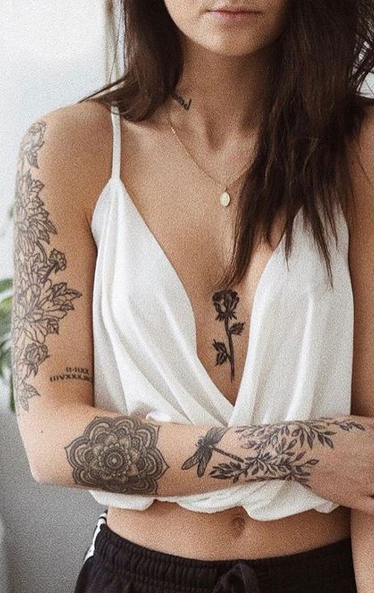 Feminine Rose Sternum Tattoo Ideas for Women - Black Flower Arm Tat - www.MyBodiArt.com #tattoos 
