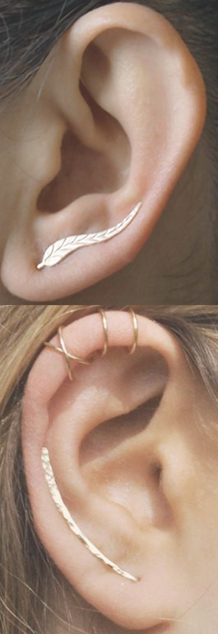 Classy Gold Simple Ear Piercing Ideas at MyBodiArt.com - Hammered Metal Leaf Ear Climber Earring - Cartilage Ring Cuffs  
