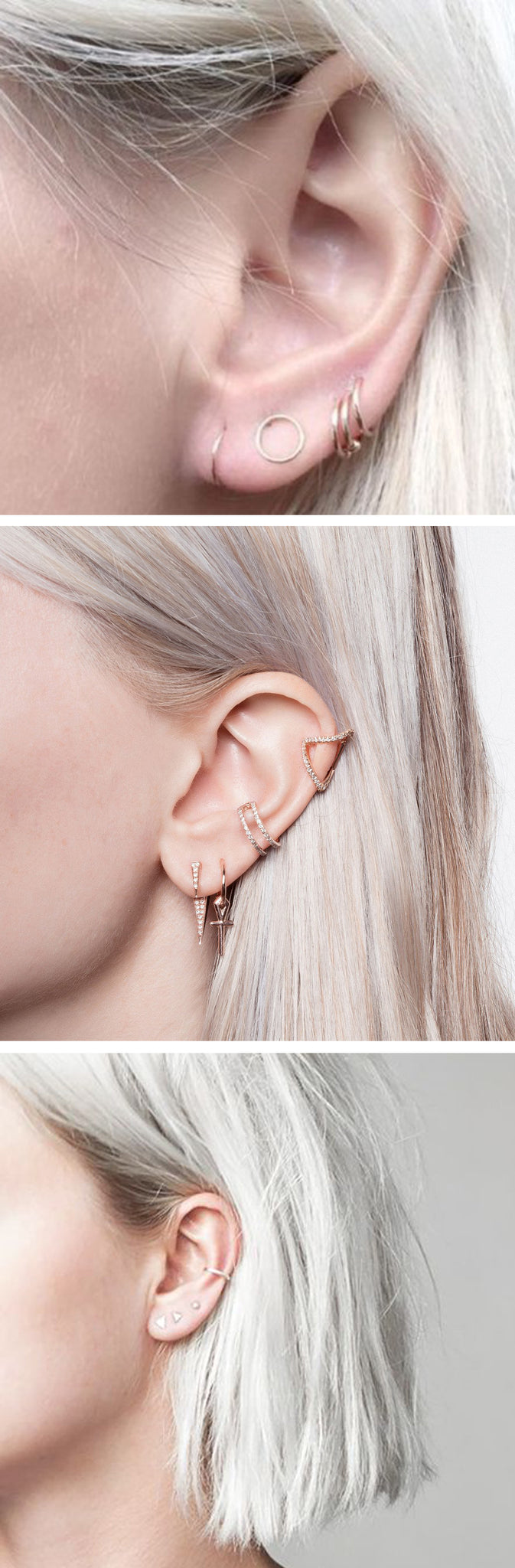 Minimalist Multiple Ear Piercing Ideas - Simple Cartilage Conch Lobe Gold Earring Ring Hoop Studs at MyBodiArt.com