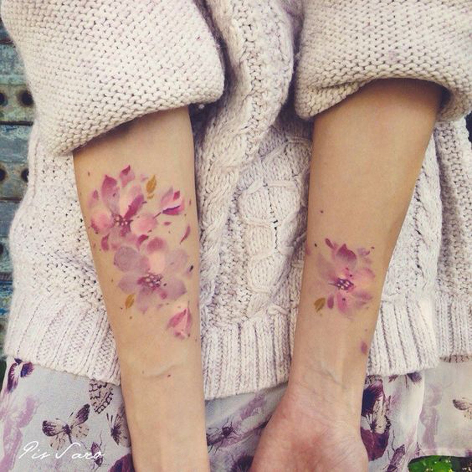 Watercolor Tattoo Pink Cherry Blossom Floral Flowers - MyBodiArt.com