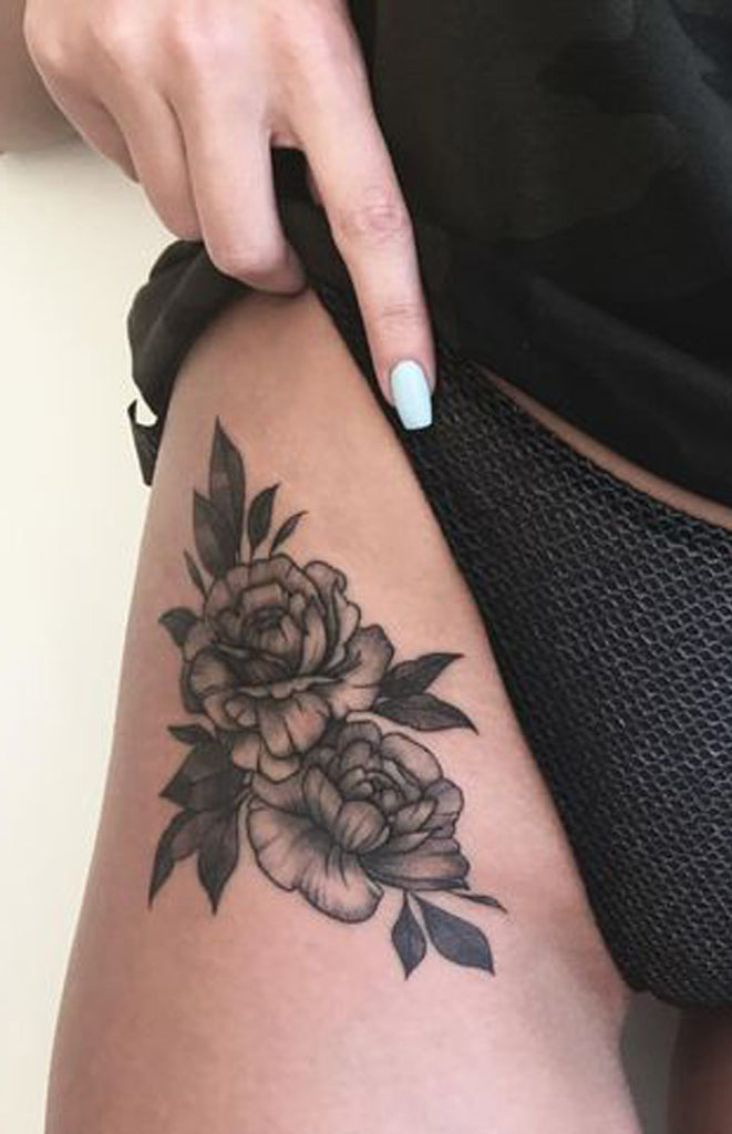 Small Vintage Rose Thigh Tattoo Ideas for Women Traditional Flower Hip Leg Tat - www.MyBodiArt.com #tattoos