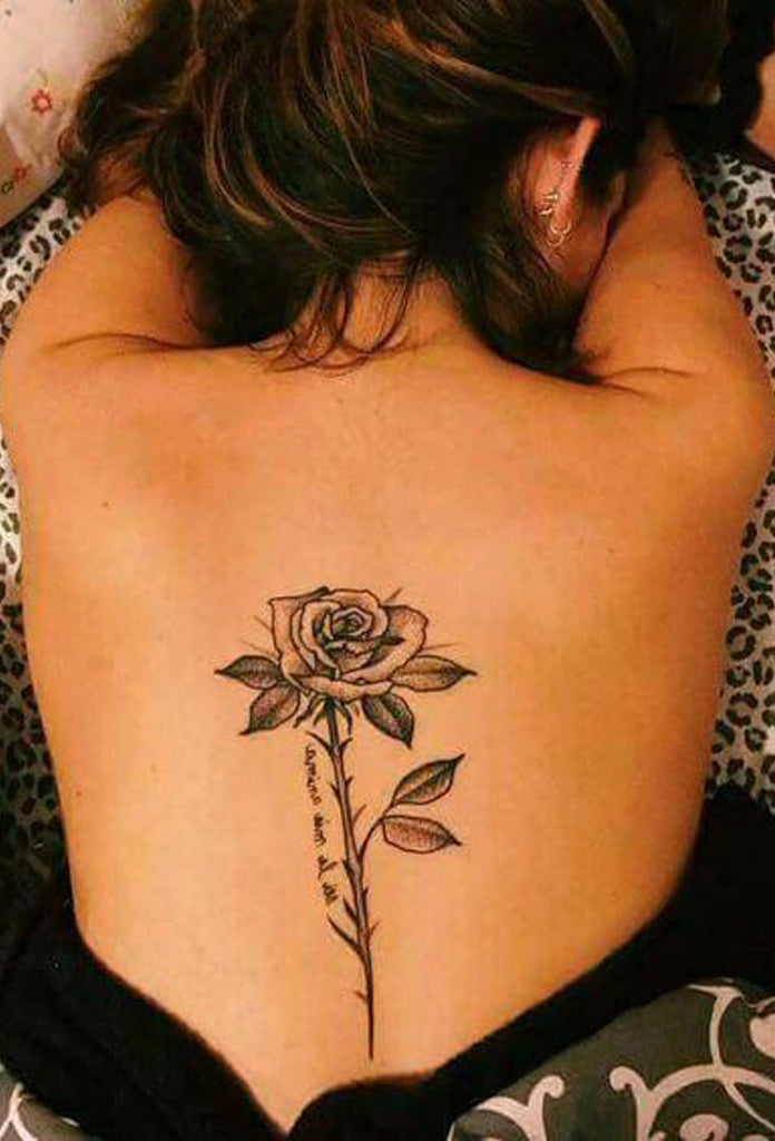 Pretty Floral Flower Spine Tattoo Ideas for Women - Delicate Single Black Rose Back Tattoos - www.MyBodiArt.com