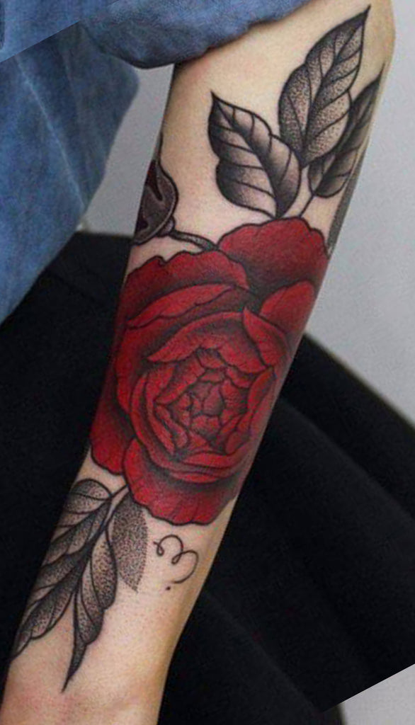 Watercolor Red Rose Arm Sleeve Tattoo Ideas for Women - www.MyBodiArt.com