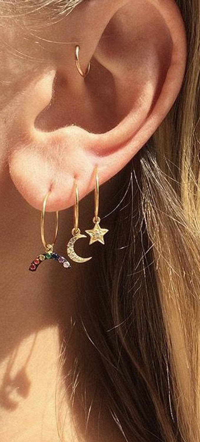 Dainty Small Cute Ear Piercing Ideas at MyBodiArt.com - Gold Stars Moon Rainbow Earrings - Forward Helix Hoop - Tragus Cartilage Helix Rook Diath 