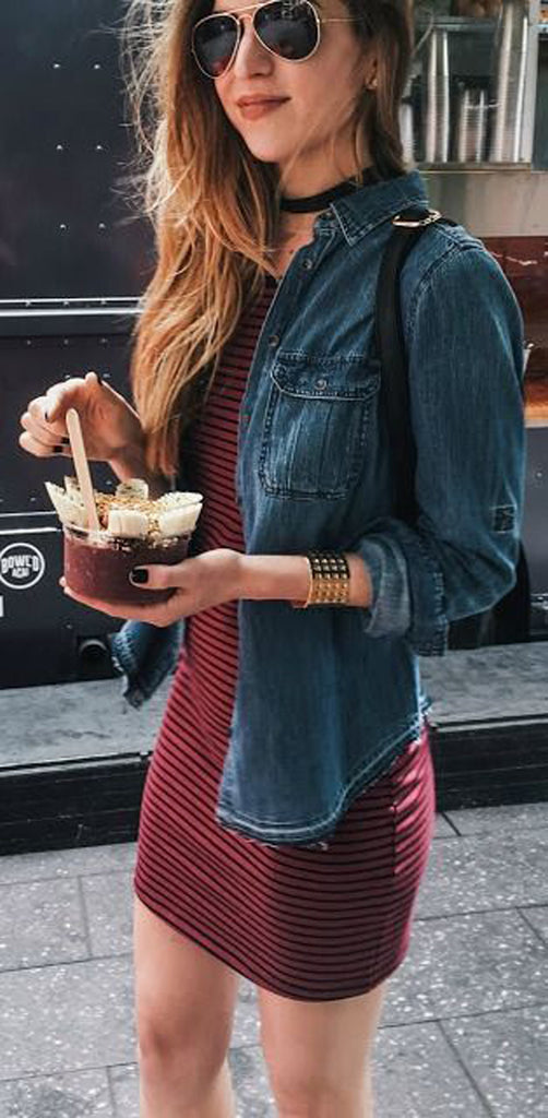 Black Velvet Choker Necklace Outfit Ideas - Jean Denim Jacket at MyBodiArt.com