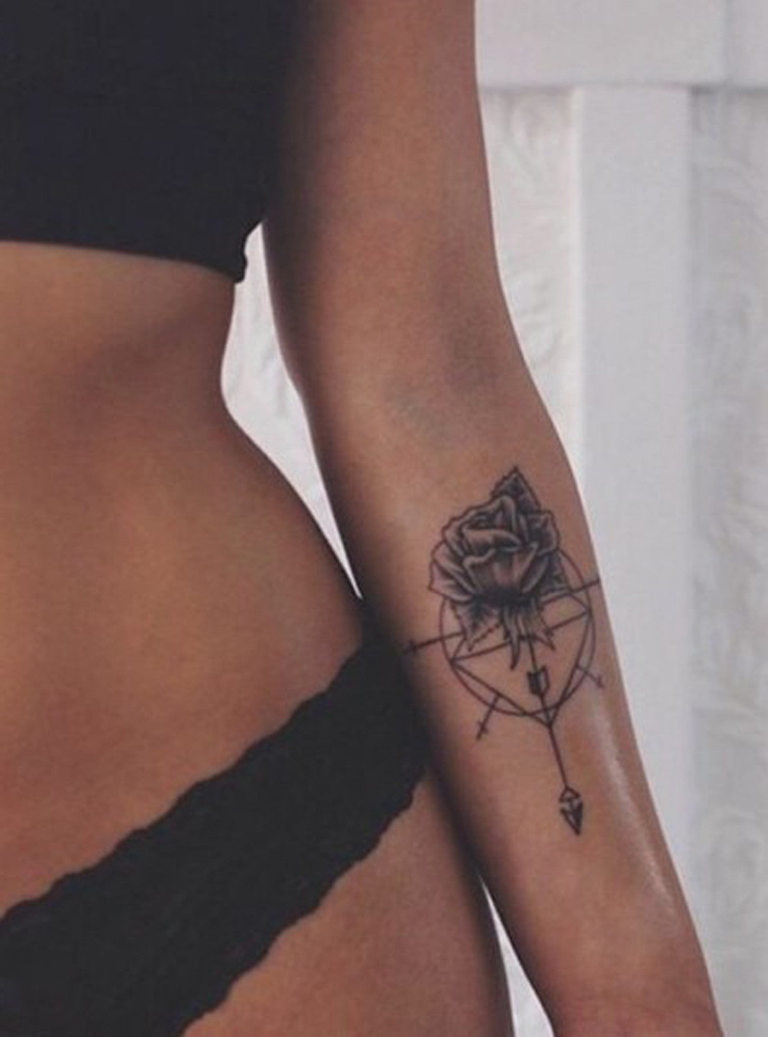 Compass Tattoo with Arrow and Rose Flowers - Womens Wrist Arm Tat - MyBodiArt.com