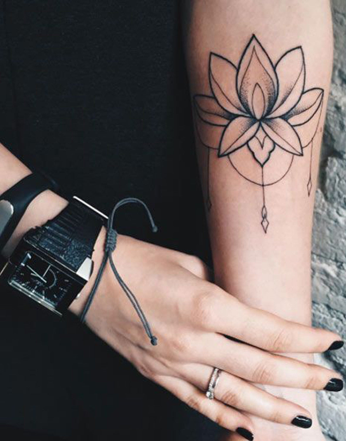 Lotus Flower Wrist Tattoo Ideas for Women - Black Chandelier Lace Arm Tat MyBodiArt.com