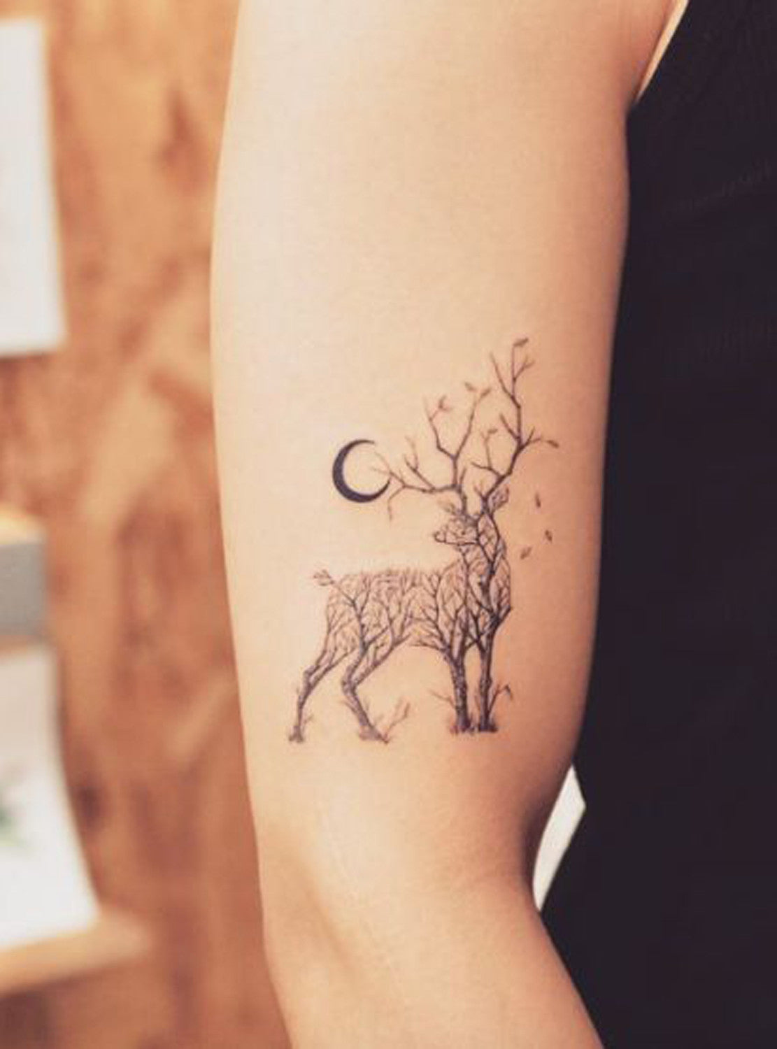 Nature Animal Black Henna Deer Tree Arm Tattoo Ideas at MyBodiArt.com 