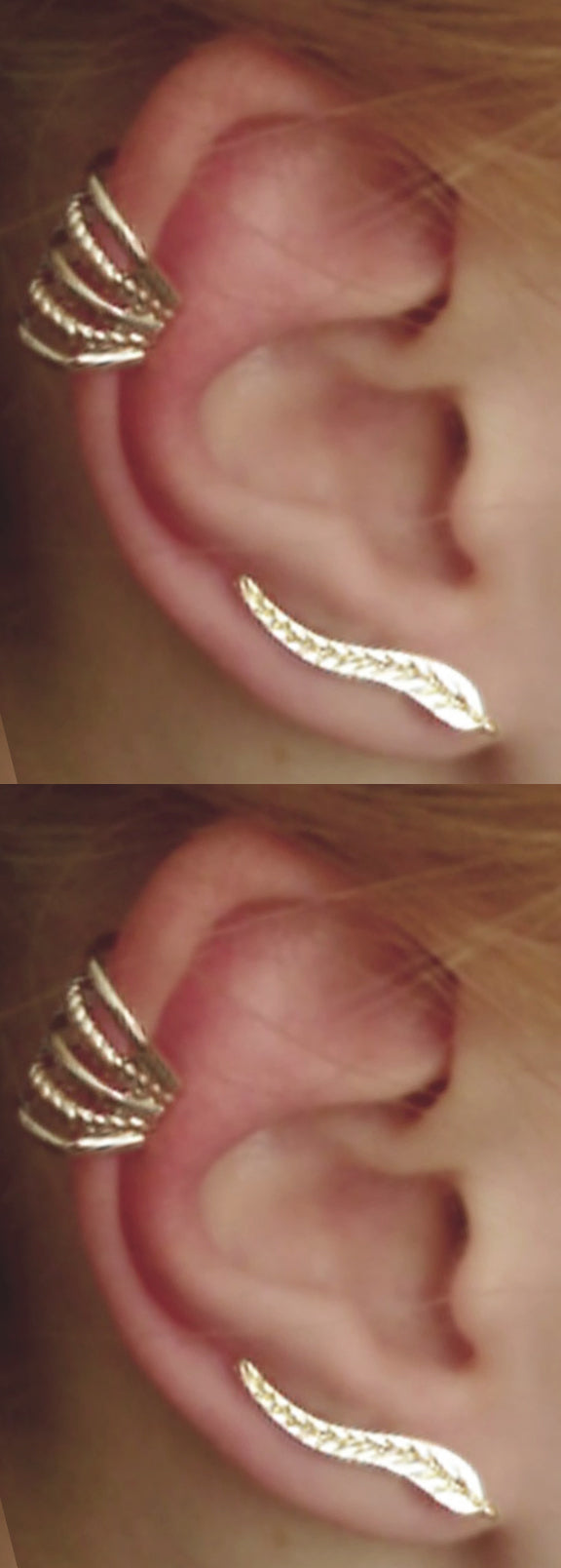 Rose Gold Ear Piercing Ideas at MyBodiArt.com - Triple Cartilage Helix Earring Cuff Ring - Leaf Ear Climber  