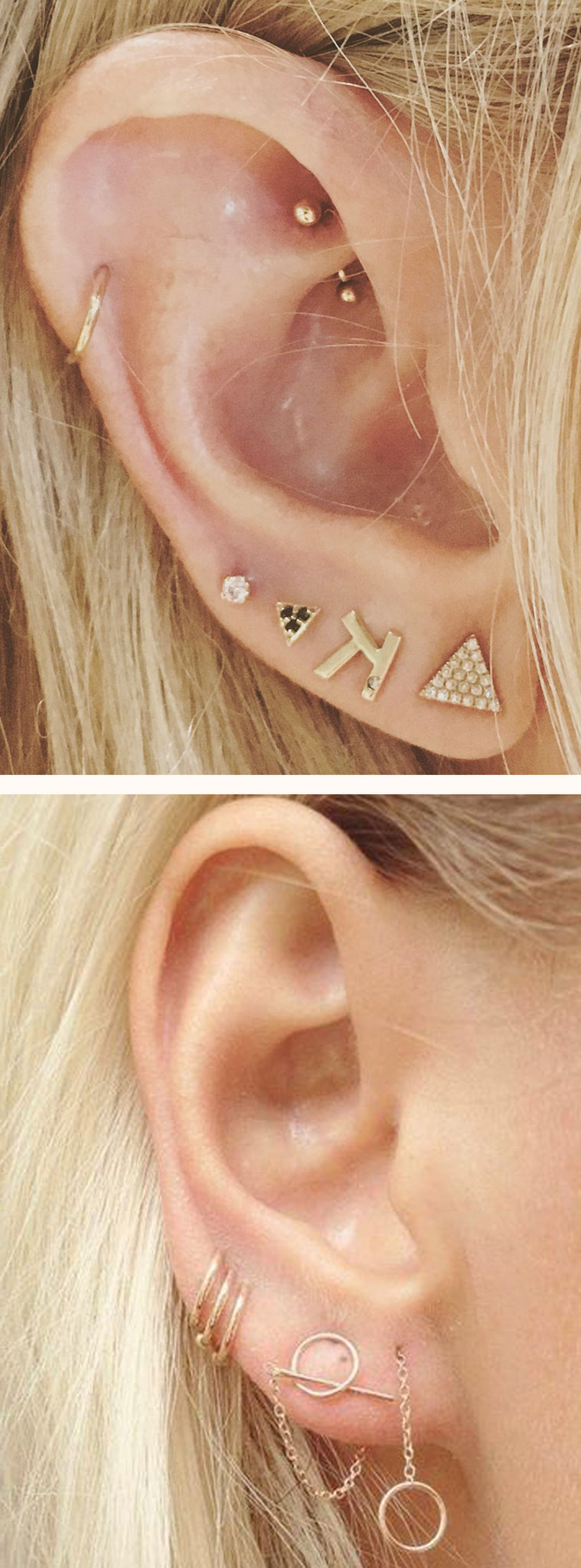 Simple Dainty Multiple Ear Piercing Ideas Combinations - Cartilage Ring Hoop Gold - Triple Double Lobe Earring Studs - MyBodiArt.com