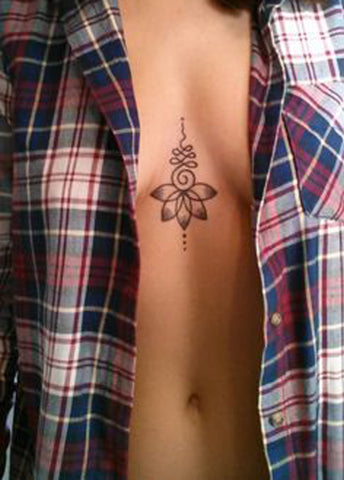Small Unalome Lotus Sternum Tattoo Ideas at MyBodiArt.com - Tribal Black Henna Floral Flower Tatt