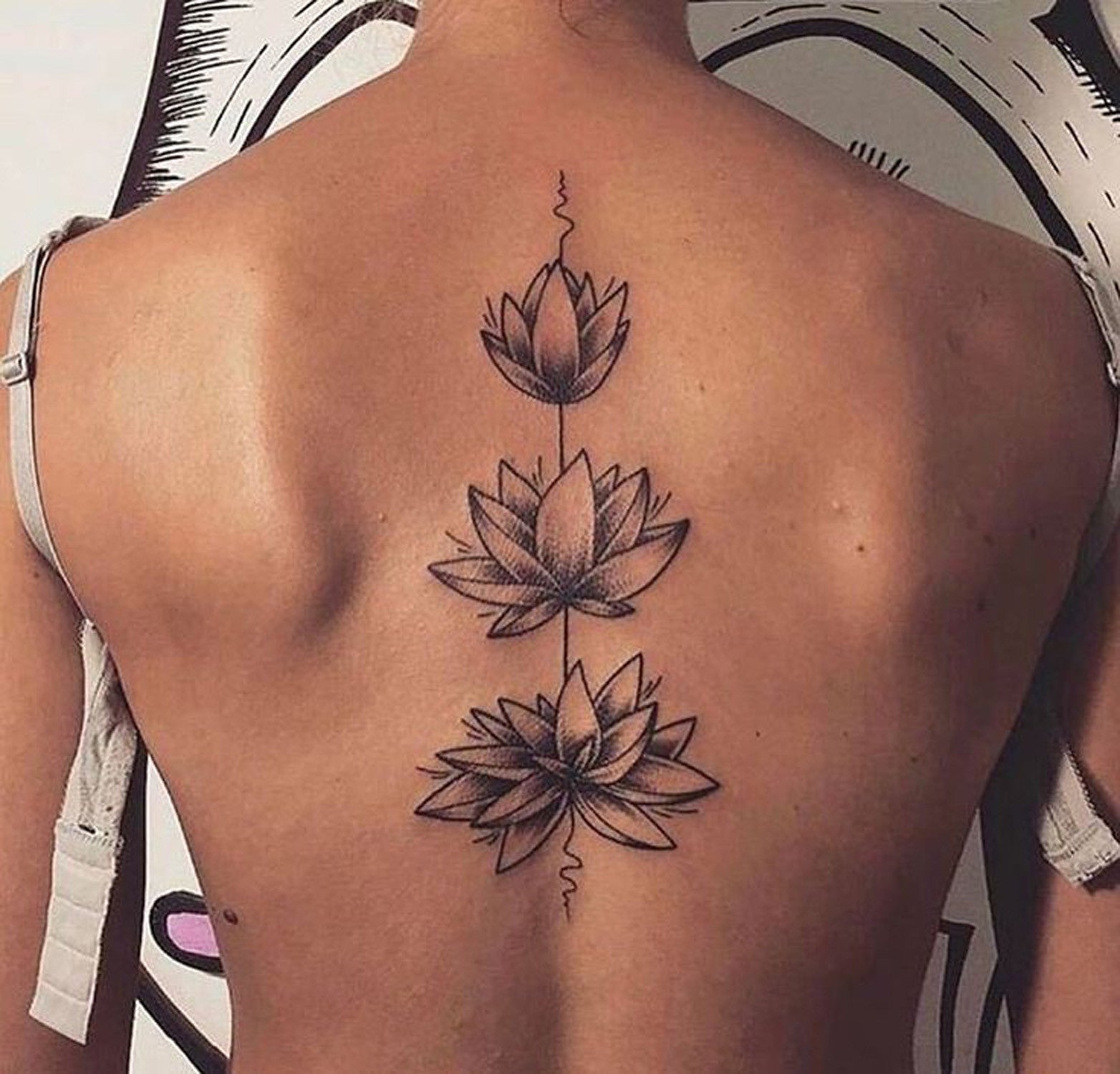 Full Triple Lotus Water Lily Flower Back Tattoo Placement Ideas for Women - Female Tat at MyBodiArt.com