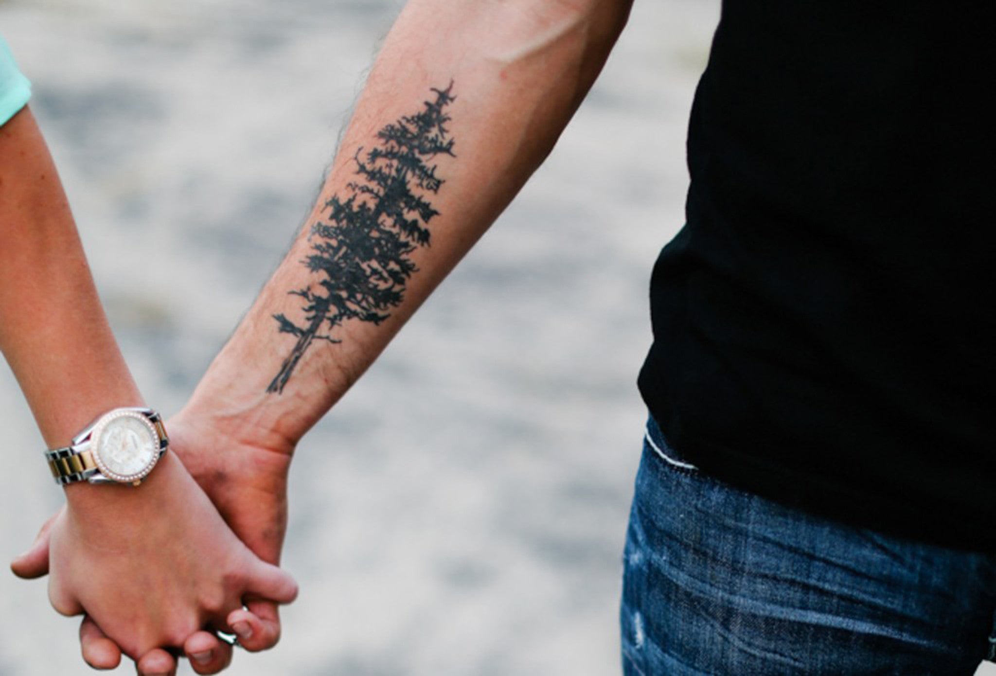 Evergreen Pine Tree Forearm Tattoo Ideas for Men Couple at MyBodiArt.com