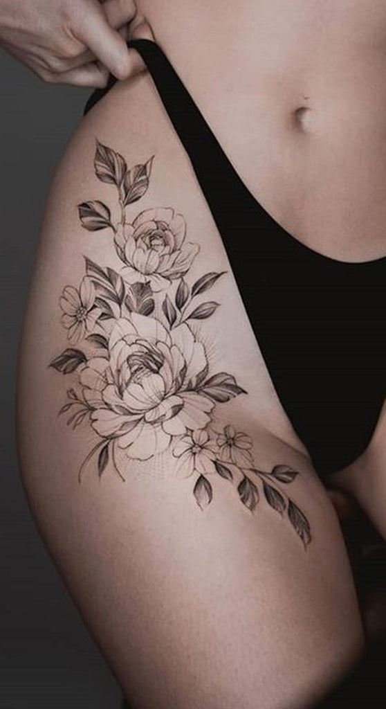 Delicate Vintage Rose Thigh Tattoo Ideas for Women Traditional Unique Floral Flower Leg Tat - www.MyBodiArt.com #tattoos
