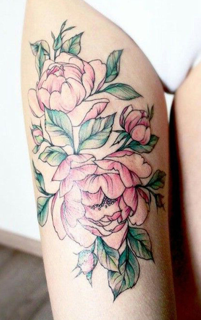 Cute Watercolor Pink Peony Thigh Tattoo Ideas for Women - Traditional Vintage Floral Flower Hip Tattoos -  ideas lindas del tatuaje del muslo de la peonía de la acuarela para las mujeres - www.MyBodiArt.com