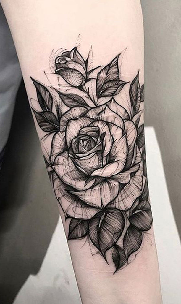 Black and White Sketch Rose Forearm Tattoo Ideas for Women -  ideas del tatuaje de la flor floral de la acuarela para las mujeres - www.MyBodiArt.com