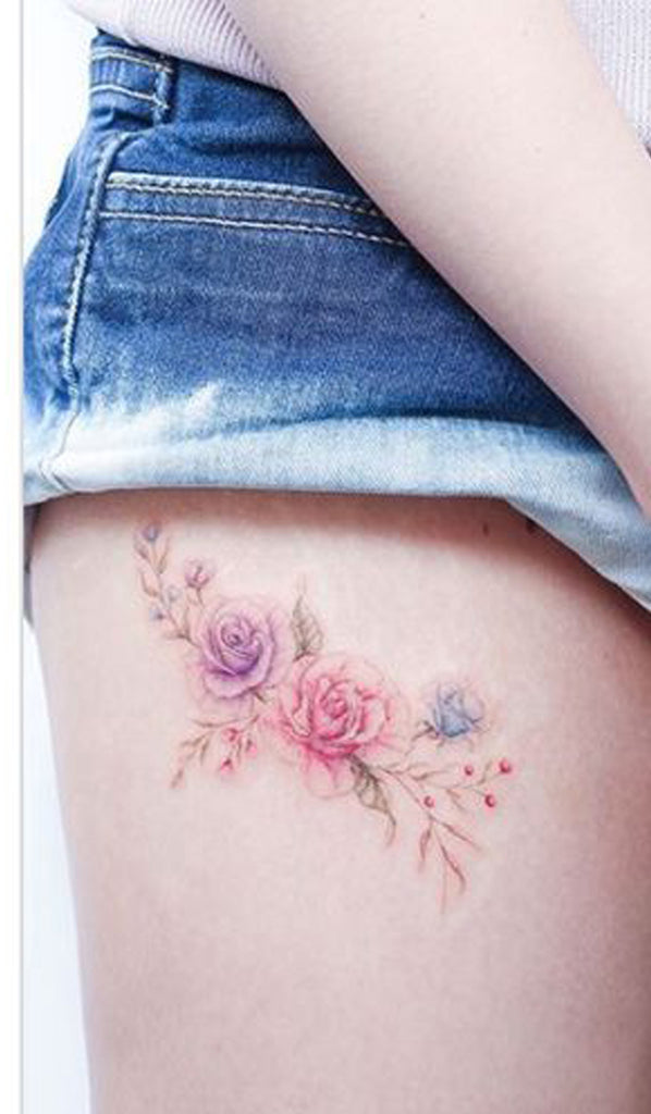 Cute Watercolor Rose Thigh Tattoo Ideas for Women -  linda acuarela rosa muslo tatuaje ideas - www.MyBodiArt.com