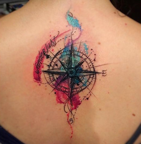 Watercolor Compass Back Tattoo Ideas - MyBodiArt.com