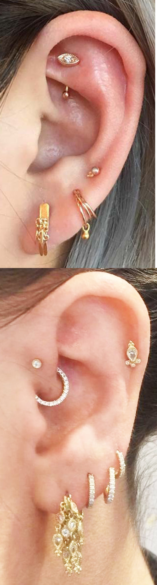 Gold Multiple Ear Piercing Jewelry Idea Combinations at MyBodiArt.com - Evil Eye Rook Barbell - Daith Crystal Earring - Tribal Auricle Stud 