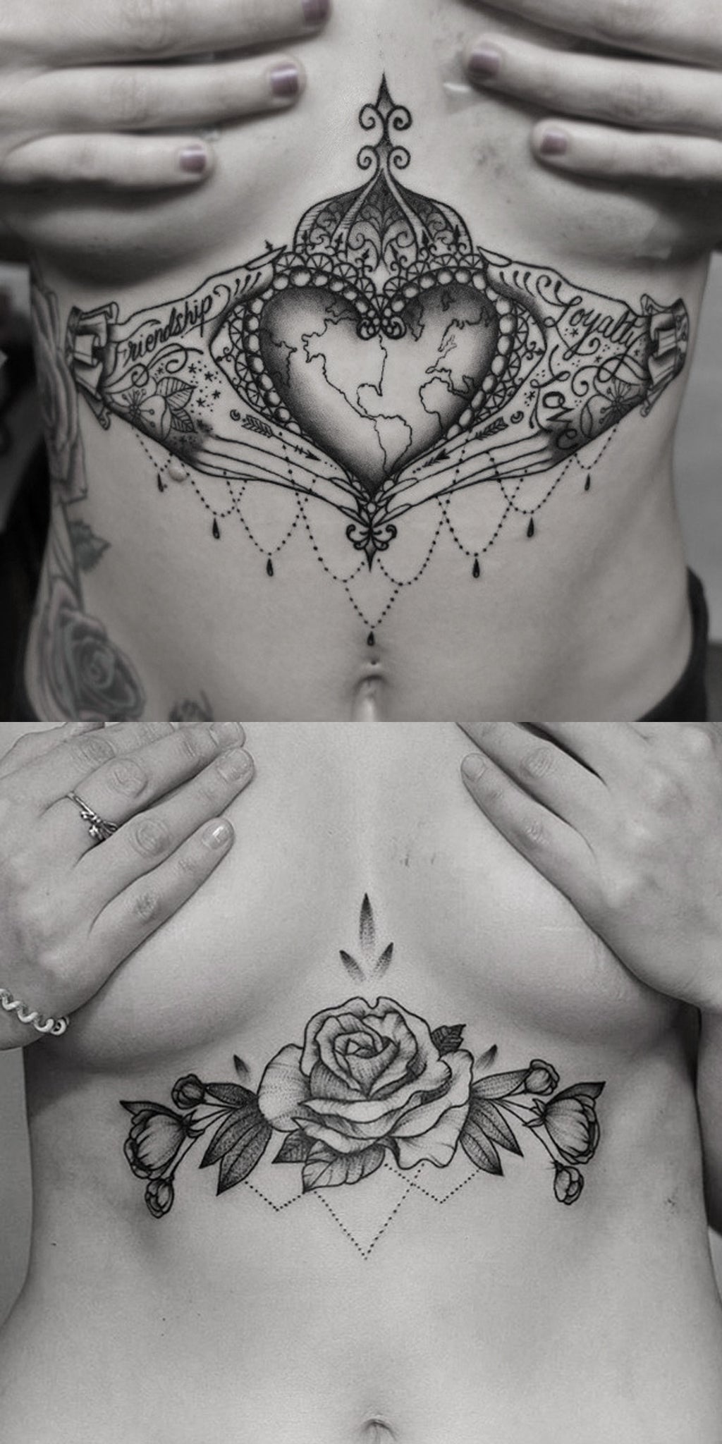 Baroque Sternum Tattoo Ideas for Women at MyBodiArt.com - Black Henna Large Geometric Floral Flower Tatt - Crystal Heart Tat 