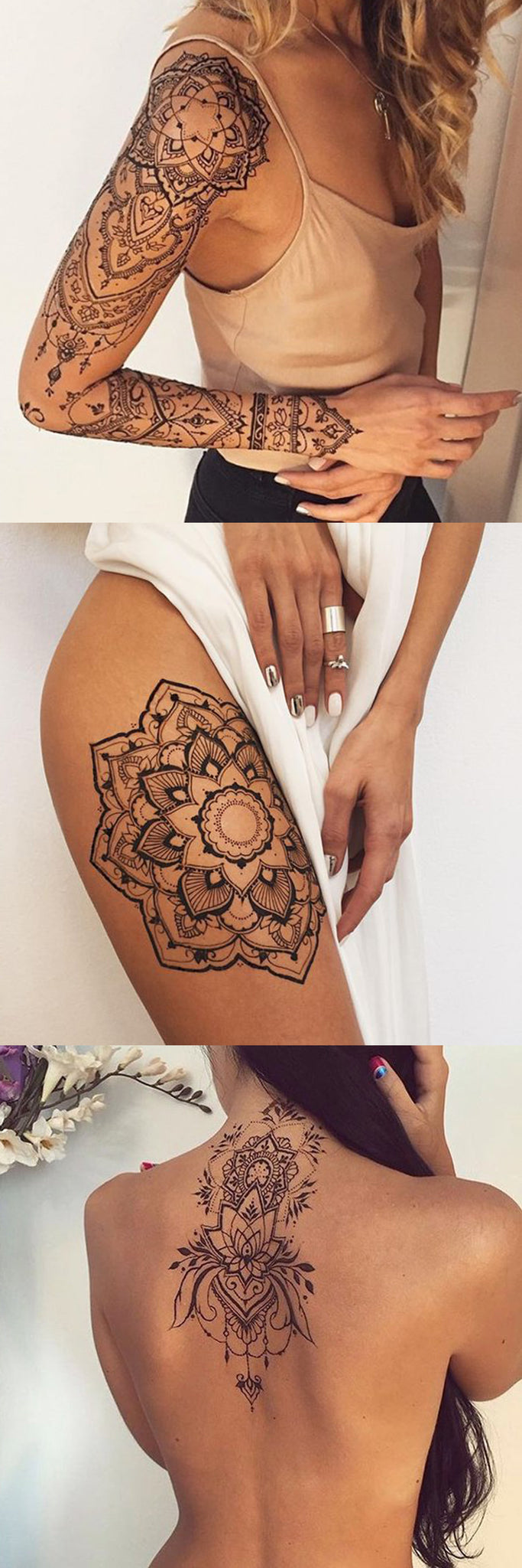 Large Geometric Mandala Tattoo Ideas Design & Placement - Full Arm Sleeve Lotus Tatt - Spine Back Neck Tat - Thigh Tatouage - MyBodiArt.com
