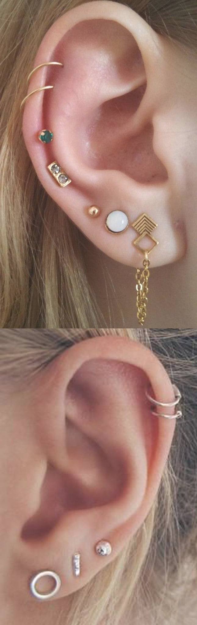 Delicate Multiple Ear Piercing Ideas Combinations - Double Cartilage Gold Ring Hoops - Simple Triple Earring Lobe Studs - MyBodiArt.com