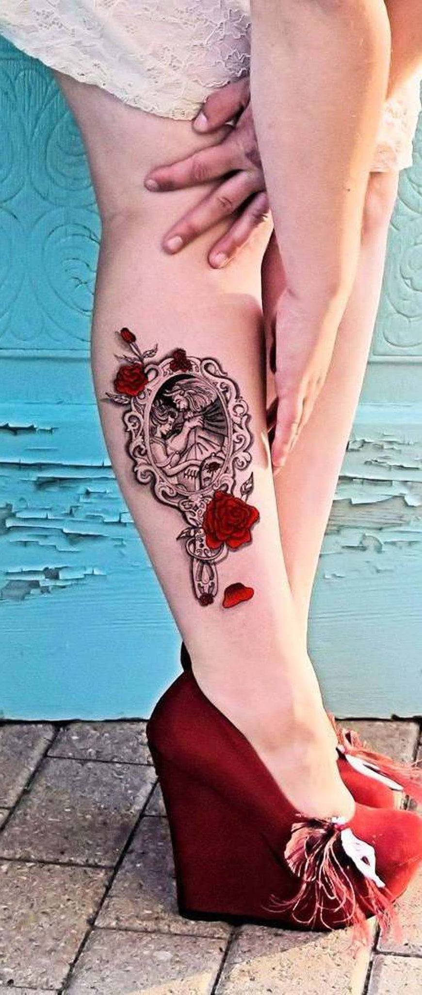 Beauty and the Beast Mirror Rose Calf Leg Tattoo Ideas for Women -  ideas de tatuaje de flor de becerro de ternera - www.MyBodiArt.com