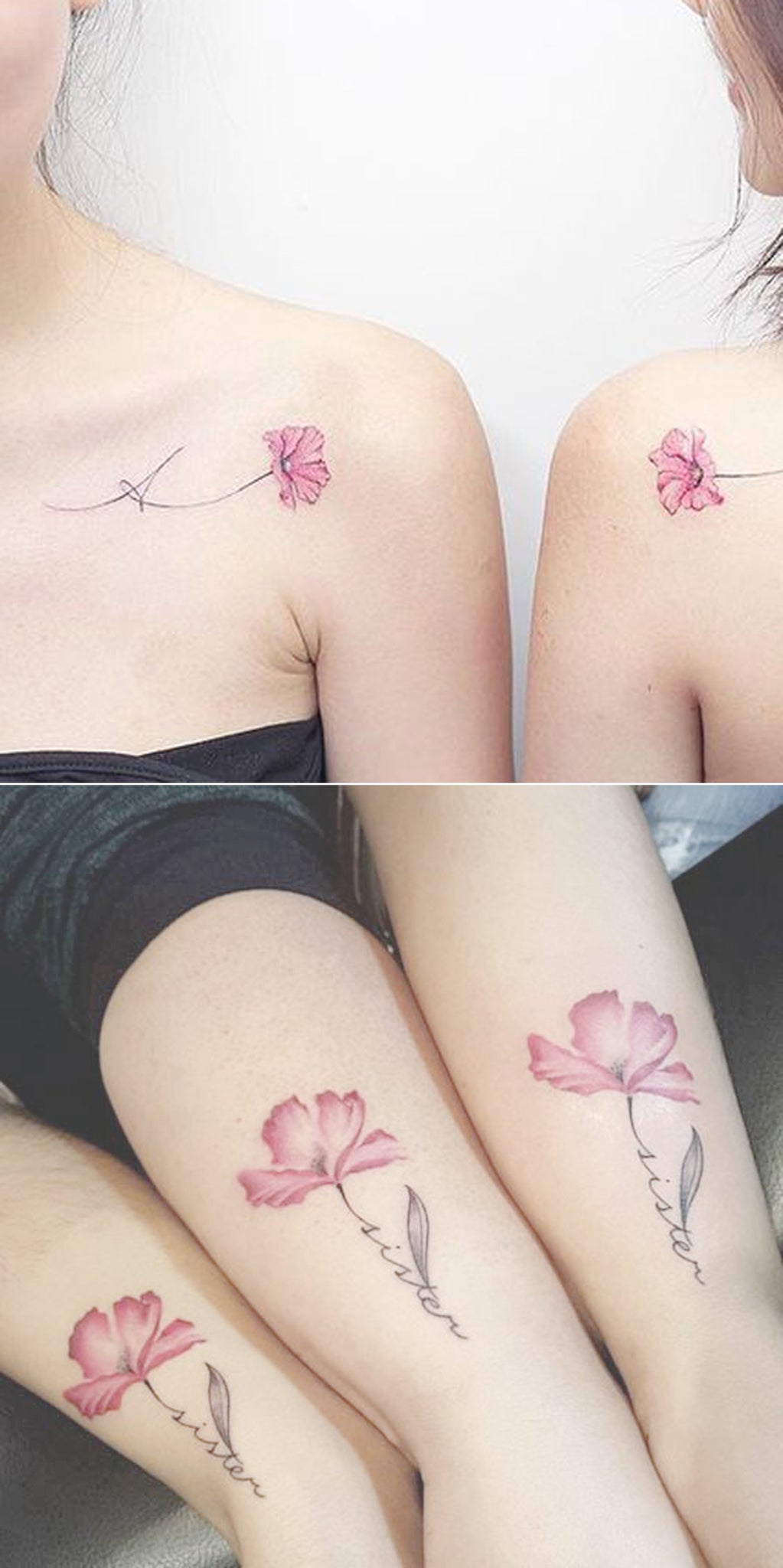 Matching Flower Shoulder Tattoo Ideas for Bestfriends - Pink Floral Arm Wrist Tatouage for Sister 2 or 3 - Ideas Del Tatuaje - www.MyBodiArt.com 