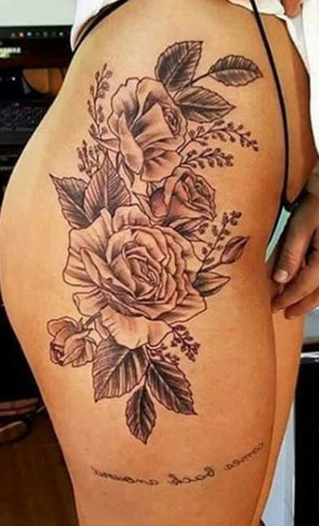 Realistic Black and White Rose Thigh Tattoo Ideas for Women - Beautiful Cute Floral Flower Hip Tattoos -  ideas hermosas del tatuaje del muslo de la rosa del muslo para las mujeres - www.MyBodiArt.com