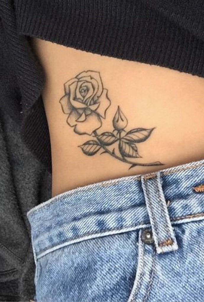 Small Black Single Rose Hip Tattoo Ideas for Women - pequeñas ideas de tatuaje de rosa mosqueta para las mujeres - www.MyBodiArt.com 