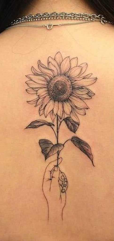 Small Black Sunflower Back Tattoo Ideas for Women - Cute Realistic Flower Spine Tat -  ideas realistas del tatuaje de la parte posterior del girasol para las mujeres - www.MyBodiArt.com