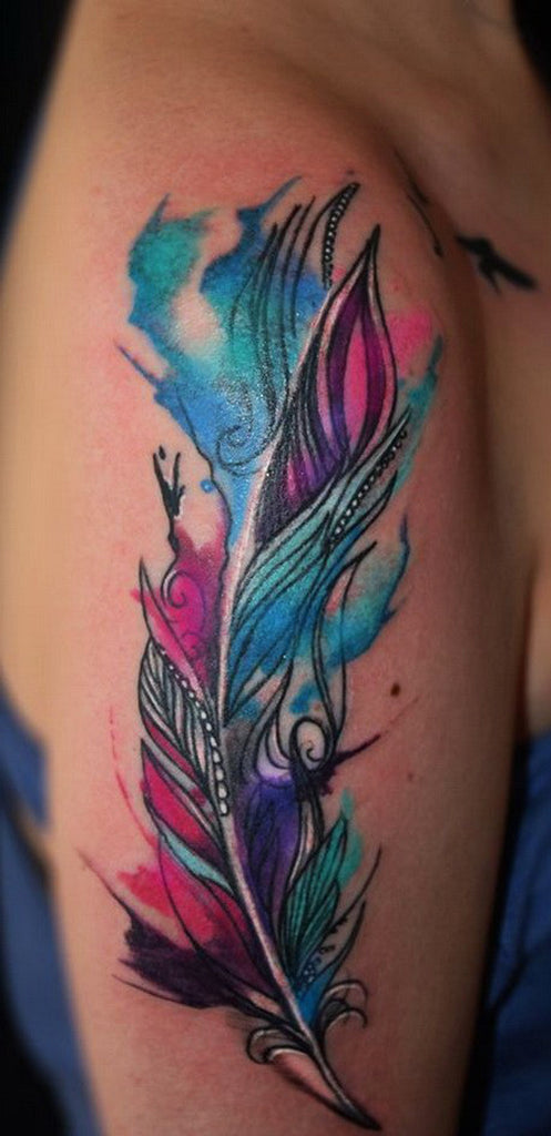Colorful Watercolor Feather Tattoo Idea - MyBodiArt.com