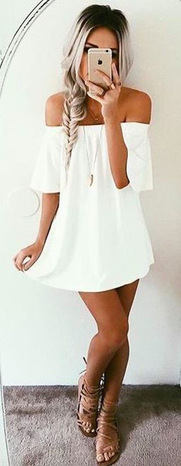 Womens Cute Outfits for Summer or Spring 2017 - Trending White Off the Shoulder Dress - Fishtail Blonde Hair Braid - MyBodiArt.com 