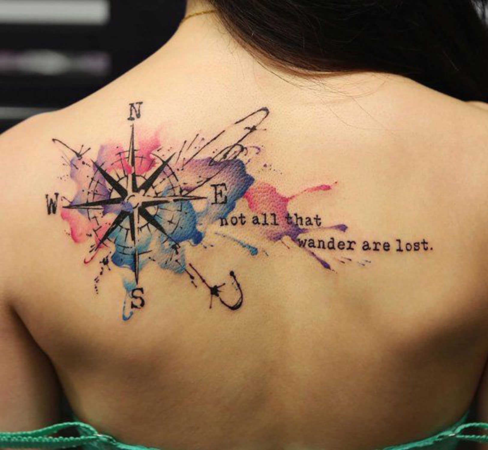 Watercolor Quote Compass Upper Back Tattoo at MyBodiArt.com
