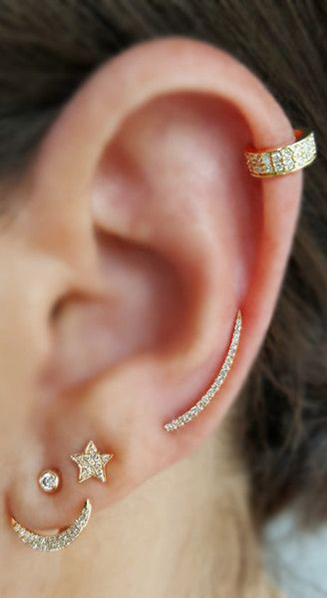 Classy Gold Ear Piercing Jewelry Ideas Combinations at MyBodiArt.com - Single Cartilage Crystal Ring - Ear Climber Earring -  Star Crescent Moon