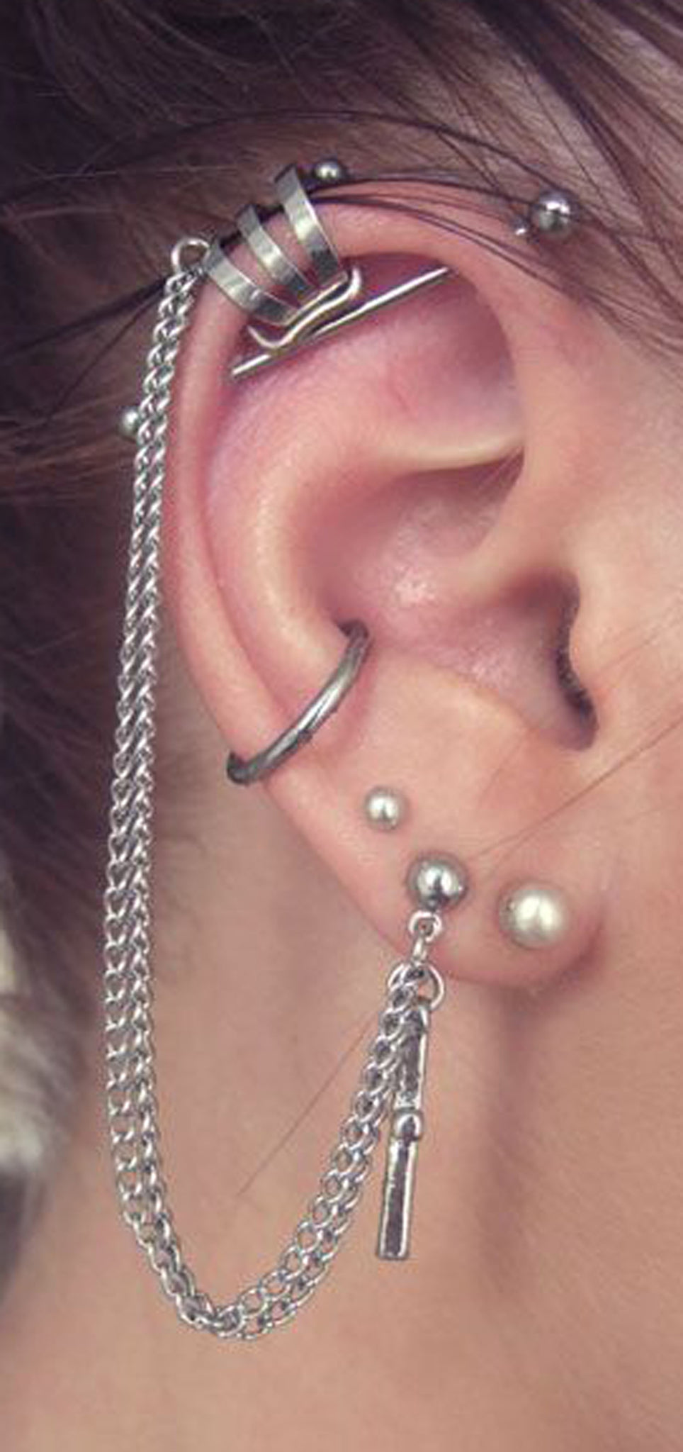 Unique Ear Piercing Ideas Combinations - Chain Ear Cuff Earring in Silver, Conch Ring 16G, Earrings