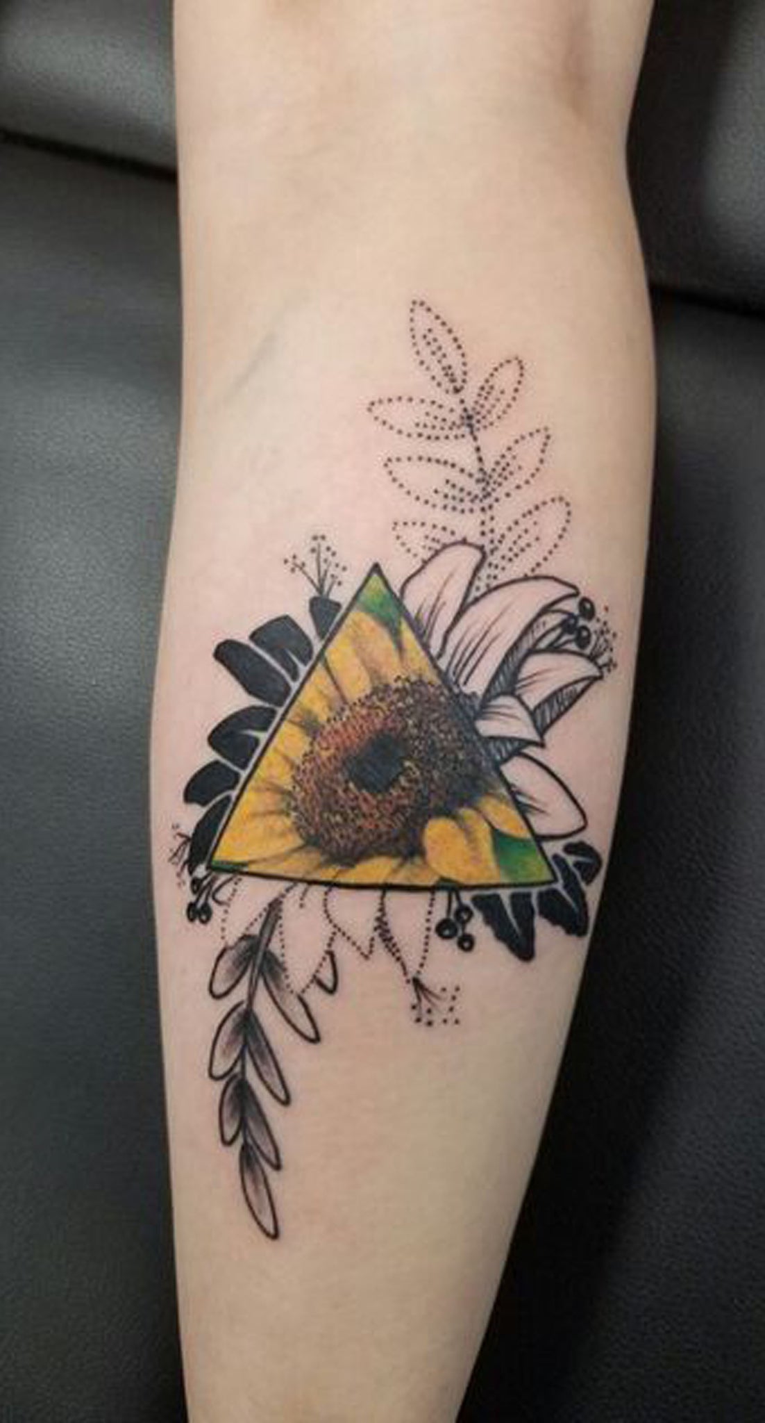 Geometric Unique Sunflower Forearm Tattoo Ideas for Women - Black White Colorful Cool Flower Arm Tattoo - www.MyBodiArt.com #tattoos