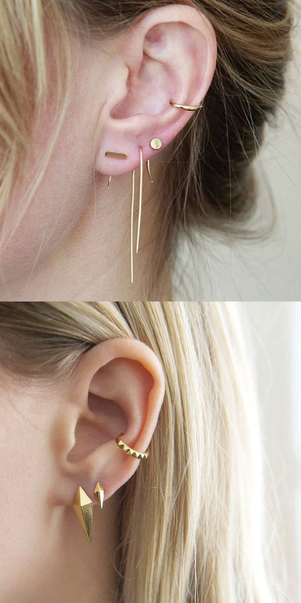 Creative Multiple Ear Piercing Ideas Placement - Gold Cuff Conch Ring Hoop - Ear Lobe Minimalist Stud Earrings - MyBodiArt.com
