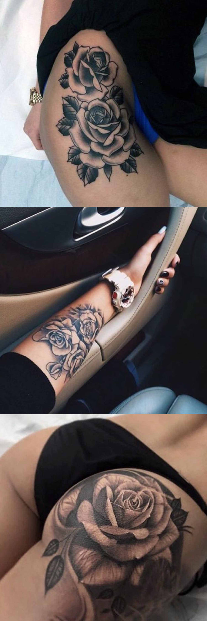 Realistic Black Rose Flower Floral Thigh Leg Arm Wrist Bum Tattoo Ideas for Women at MyBodiArt.com