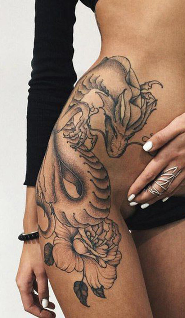 Cool Tribal Dragon Large Thigh Tattoo Ideas for Women Hip Tat - www.MyBodiArt.com 