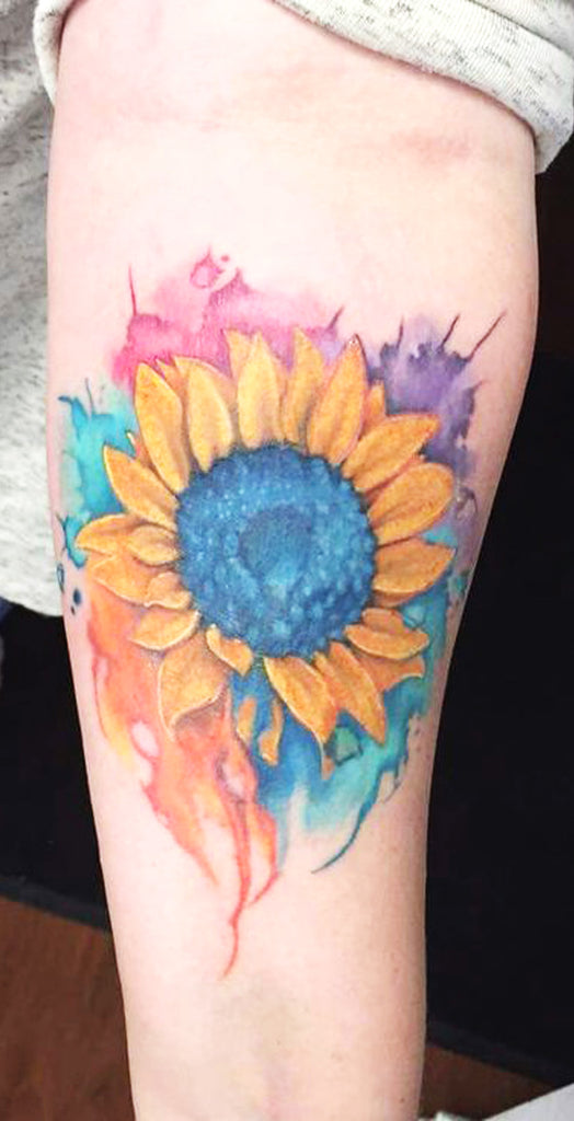 Beautiful Watercolor Sunflower Forearm Tattoo Rainbow Flower Arm Tat for Women -  tatuaje hermoso del antebrazo del girasol de la acuarela - www.MyBodiArt.com 