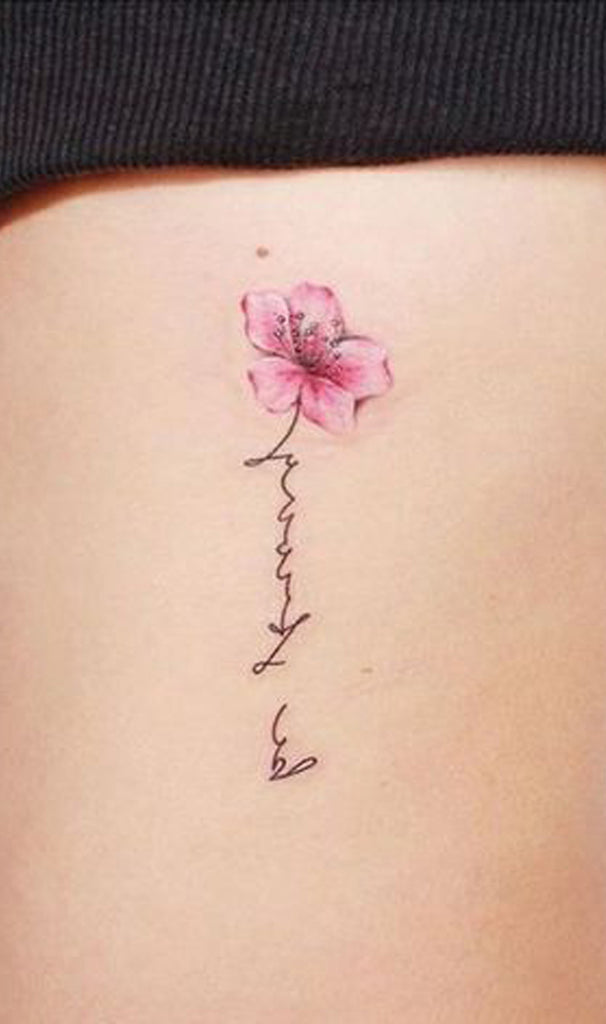 Cherry Blossom Script Quote Rib Tattoo Ideas for Women - www.MyBodiArt.com