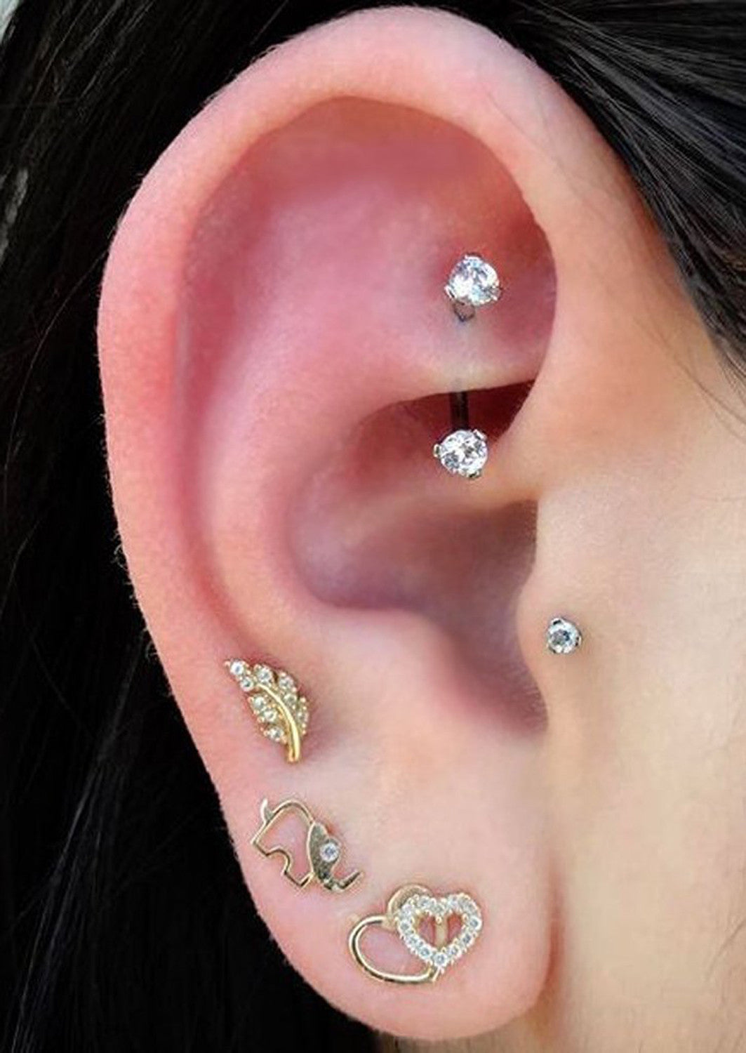 Multiple Ear Piercing Ideas at MyBodiArt.com - Rook Earring Jewelry 16G Barbell - Daith Earring 