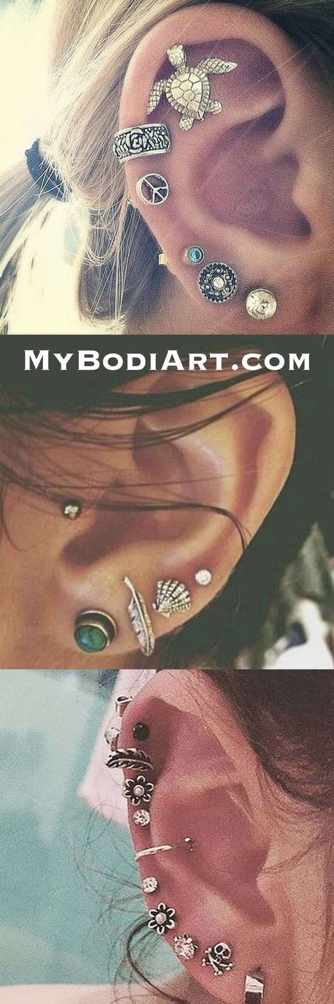 Pretty Mutiple Ear Piercing Ideas Combinations at MyBodiArt.com - Anitqued Tribal Oor Piercing Turtle Cartilage Stud - Feather Earring - Flower Auricle Jewelry