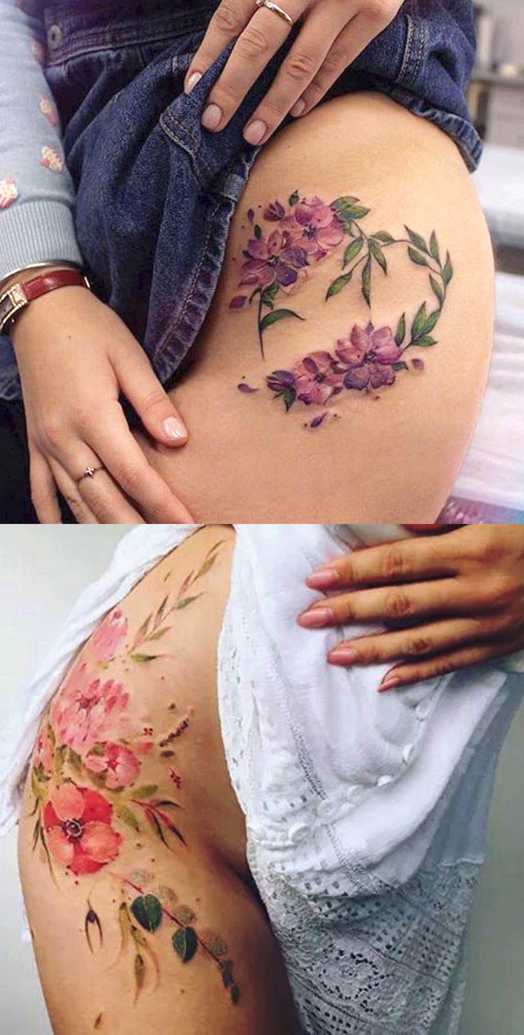 Girly Watercolor Flower Hip Tattoo Ideas for Women - Feminine Floral Wreath Thigh Tat -  guirnalda de flores ideas de tatuaje de cadera - www.MyBodiArt.com 