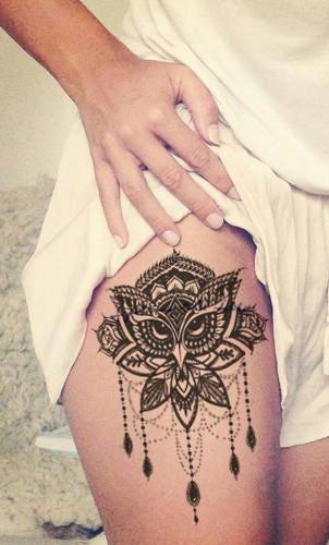 Owl Mandala Thigh Tattoo Ideas for Women Geometric Bird Leg for Teens - www.MyBodiArt.com #tattoos