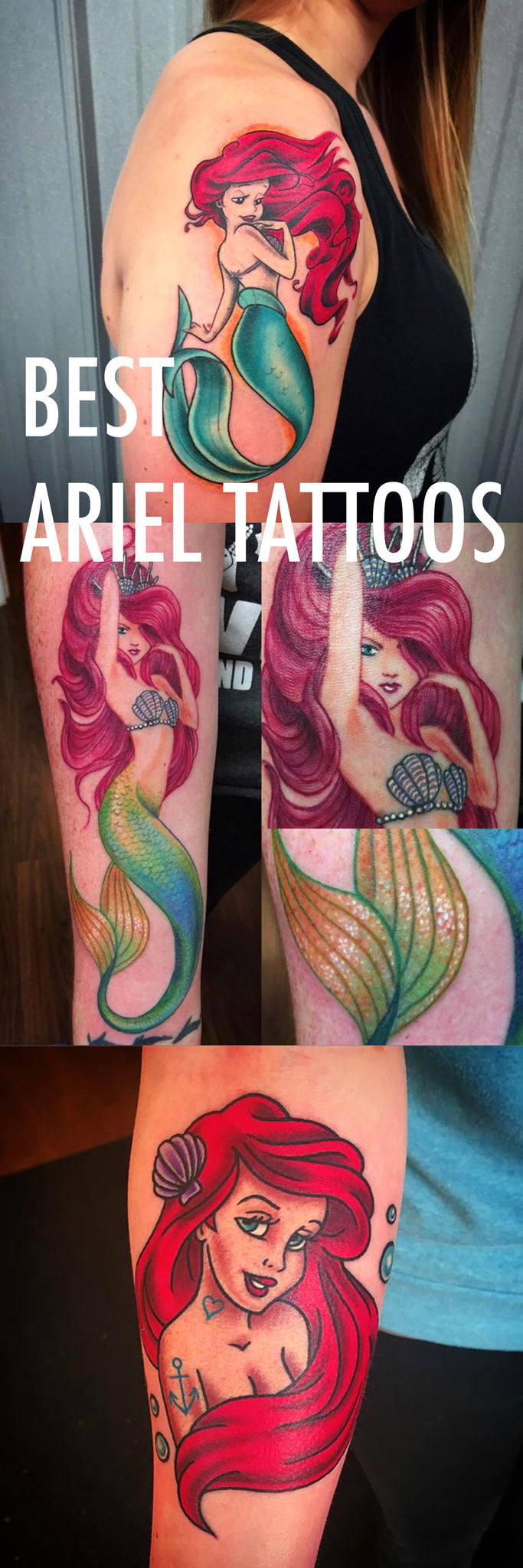 Little Mermaid Tattoo Ideas for Women - Princess Ariel Arm Sleeve Forearm Red Hair Green Tail Realistic Disney 