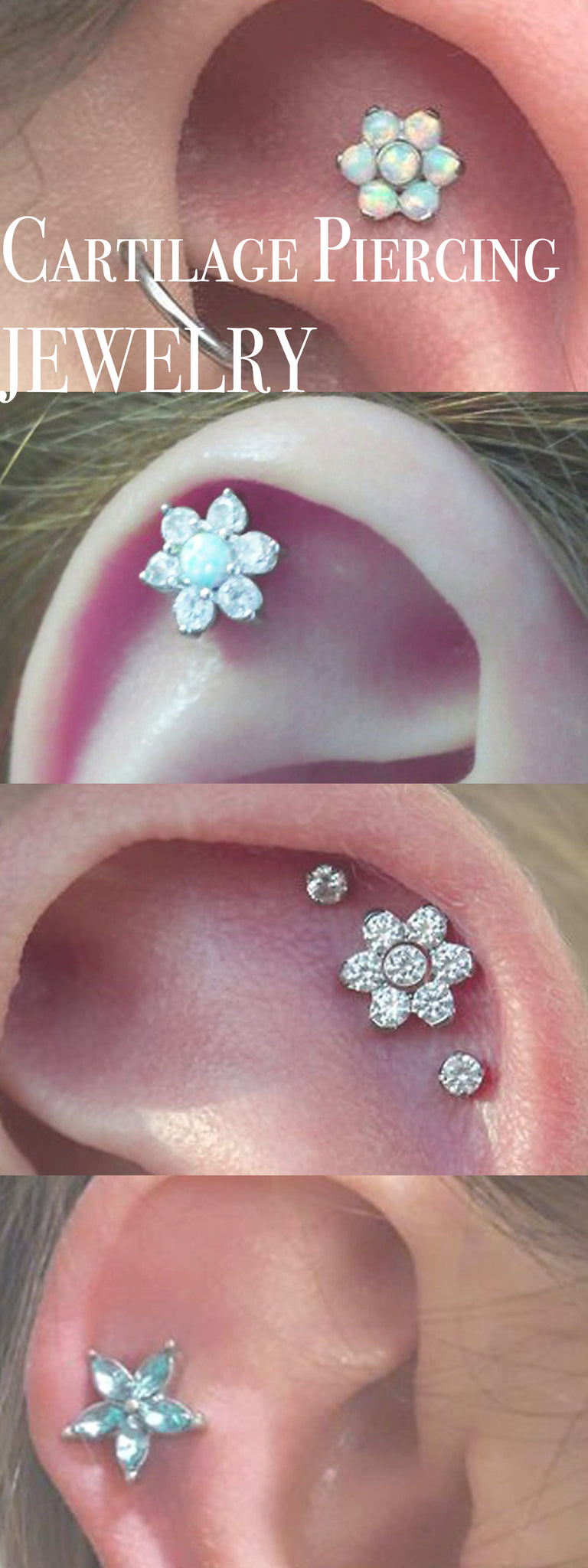 Multiple Ear Piercing Ideas for Cartilage Jewelry - Crystal Opal Flower Constellation Stud - MyBodiArt.com 